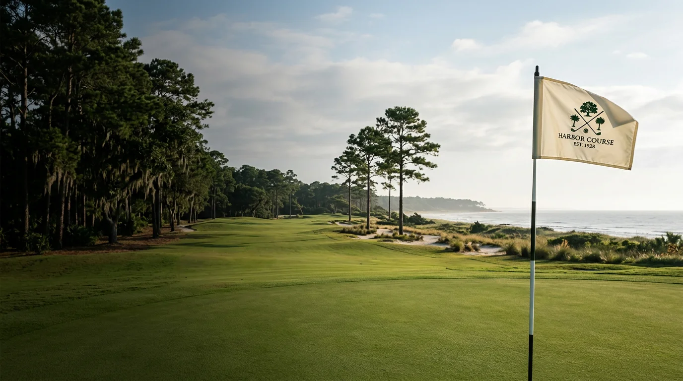 An ivory flag catching the morning breeze over a tree-lined golf green